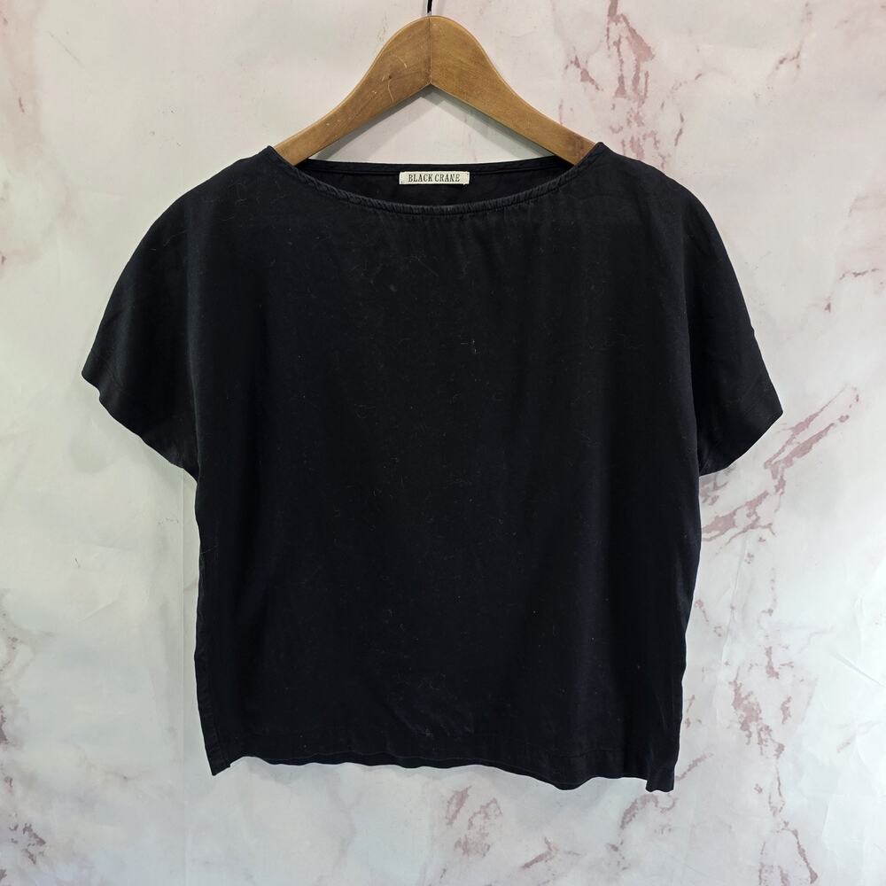 Black Crane Shirt Womens XS Black Short Sleeve Cap Sleeve Boxy Crop